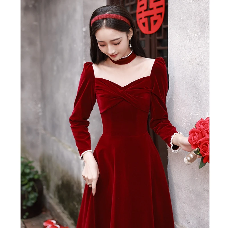 

Toast Dress Bride Long Sleeves 2022 Winter Engagement Return Banquet Red Velvet Dress Fairy Temperament Evening Dress