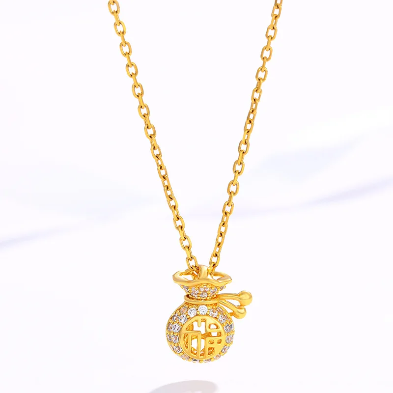 Real 18k 3D Hard Gold Fortune Purse Pendant Necklace for Women Bride Gold Chain Necklace Wedding Engagement Fine Jewelry Gifts