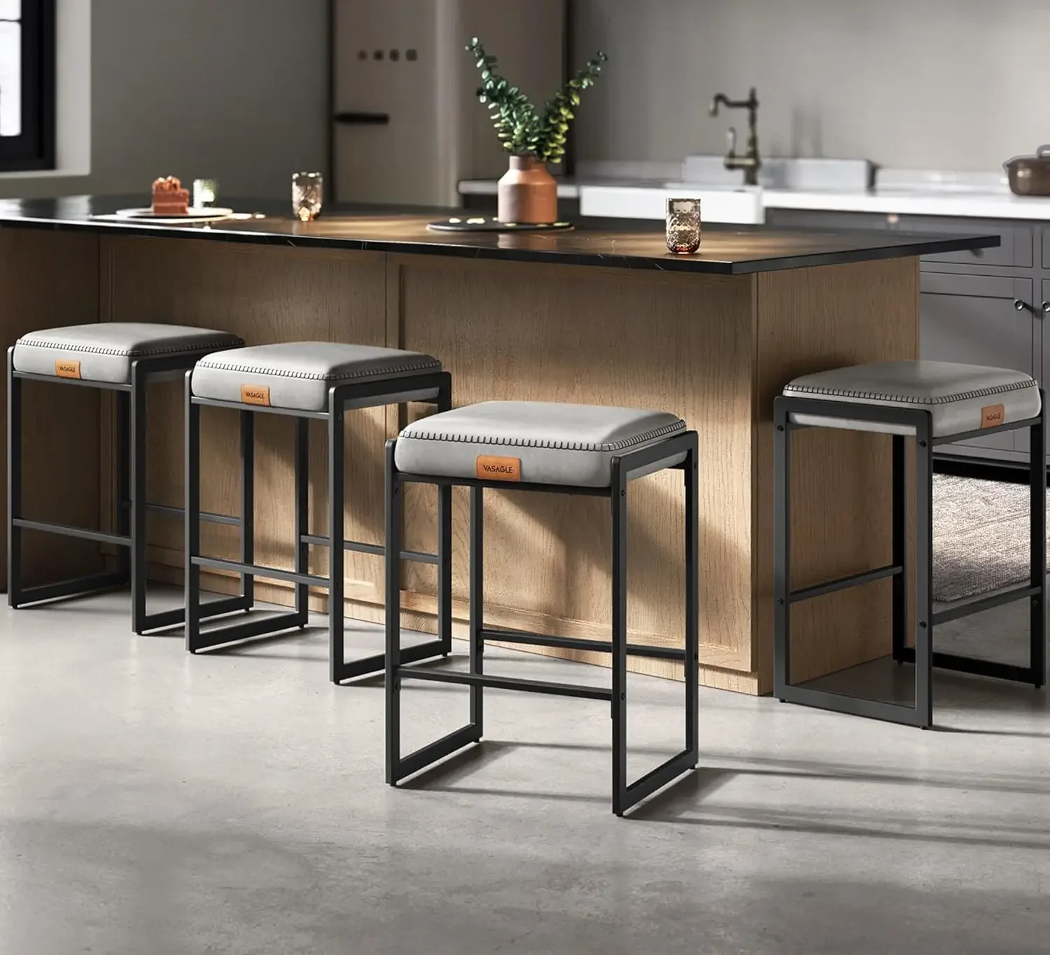 Collection - Bar Stools Set of 4, Counter Height Bar Stools, Synthetic Leather with Stitching, Mid-Century Modern C