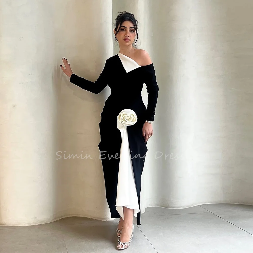 

Simin Crepe Straight One-shoulder Neckline Ankle Length Evening Dresses For Women 2025 With 3D Flower Long Sleeves Pleats Dress