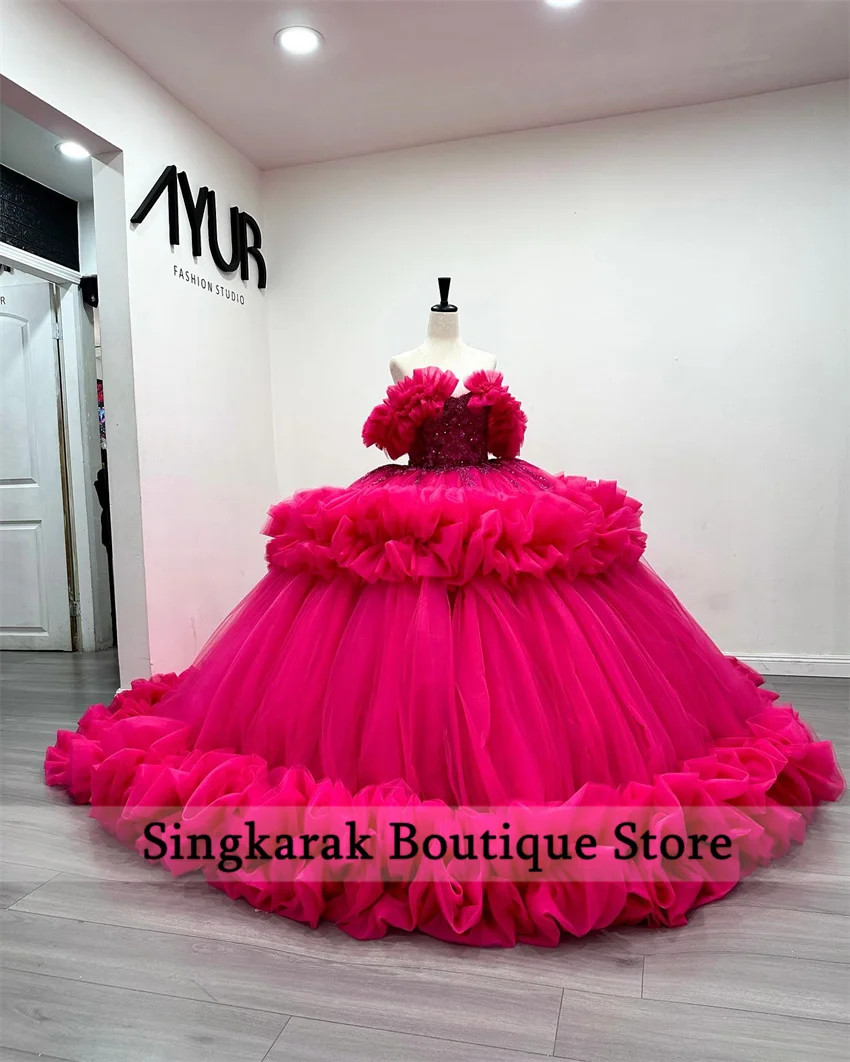 Vestidos de quinceañera de princesa fucsia de lujo, vestido de baile con volantes, cuentas escalonadas, perlas, fiesta de cumpleaños para niñas del siglo XVIII, personalizado, 2025