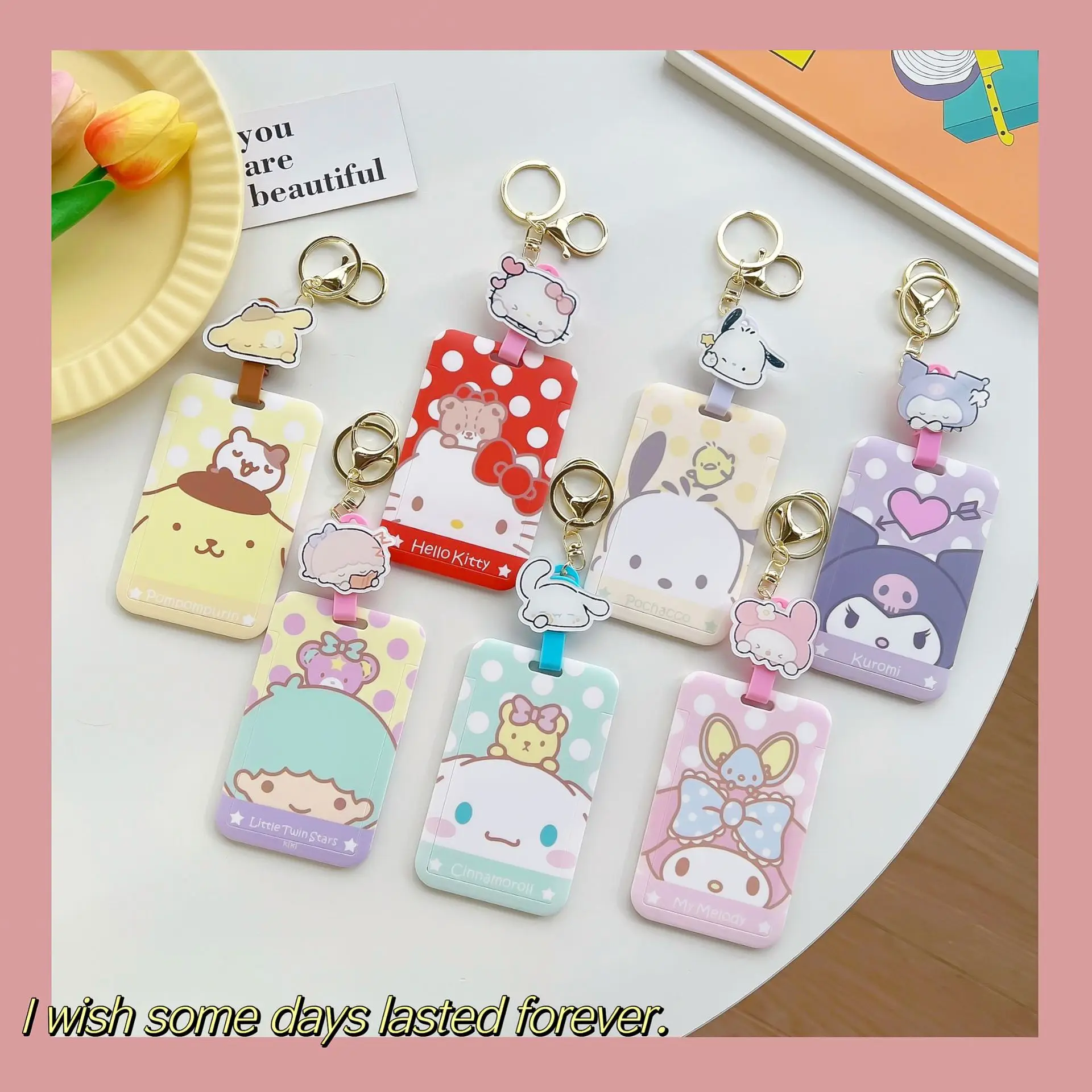 Kawaii Santio Melody Kuromi Cinnamoroll Card Holder Student ID Card Work Card Key Chain Bag Key Pendant Friends Small Gift