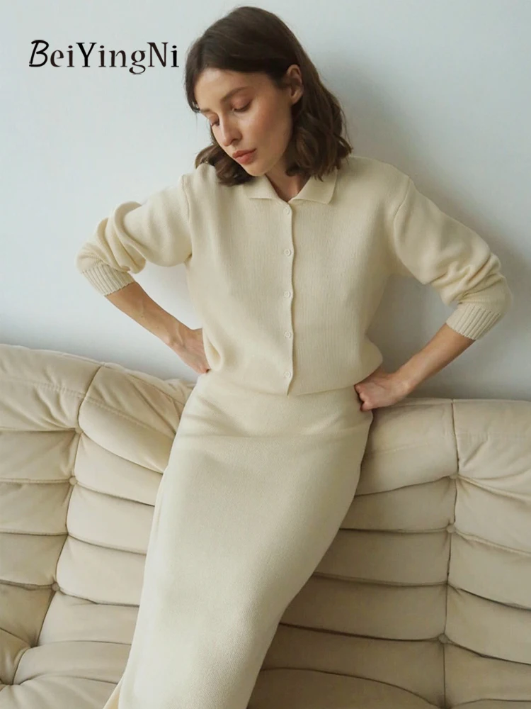 Beiyingni 2026 Autumn Winter Women's Skirt Sets Elegant Casual Cardigans And Skirt Set Knitwear Commute Luxury Two Piece Sets