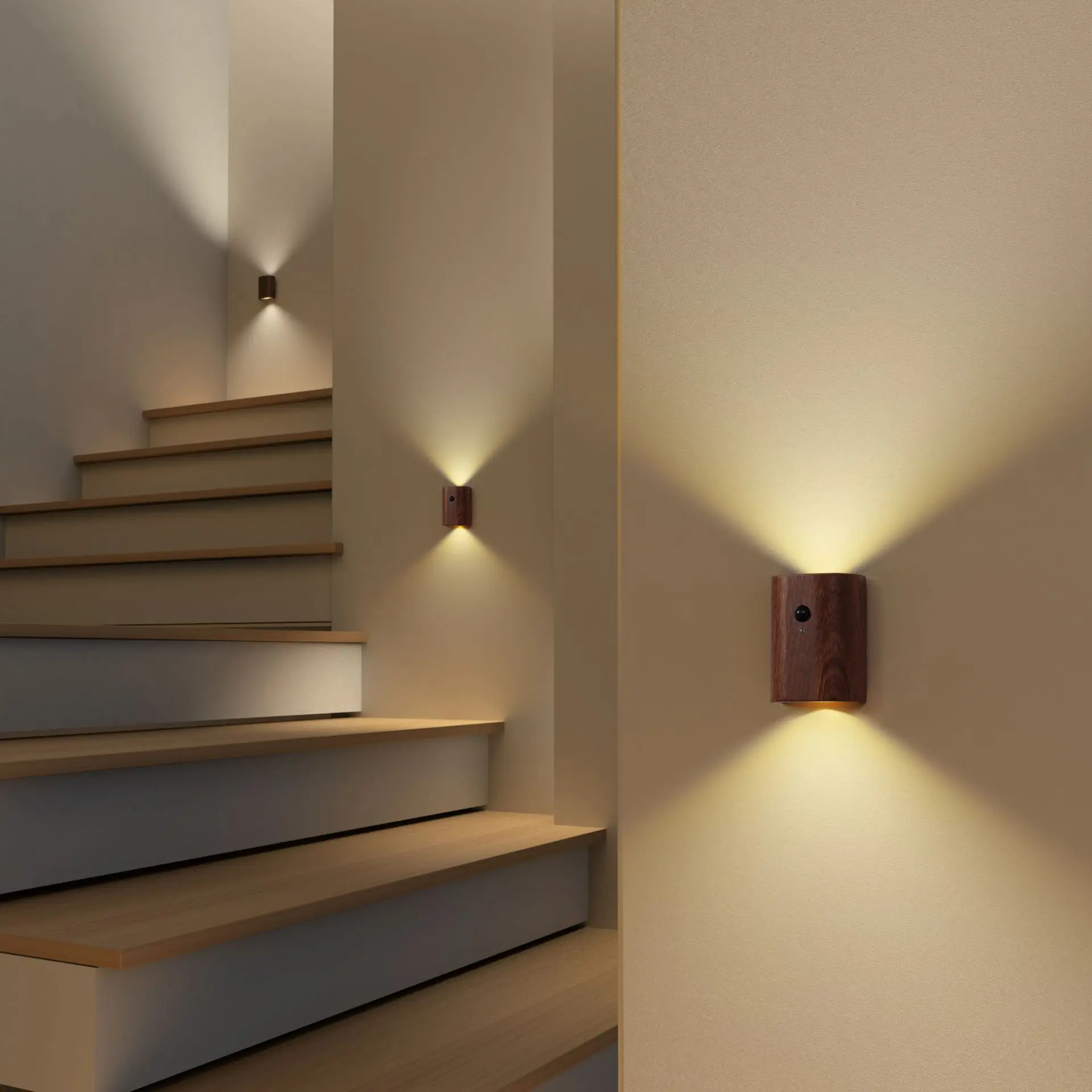 Wooden Stairway Night Light,Rechargeable Battery Operated Motion Sensor LED Wall Sconce,Perfect for Hallway, Attic, Closet