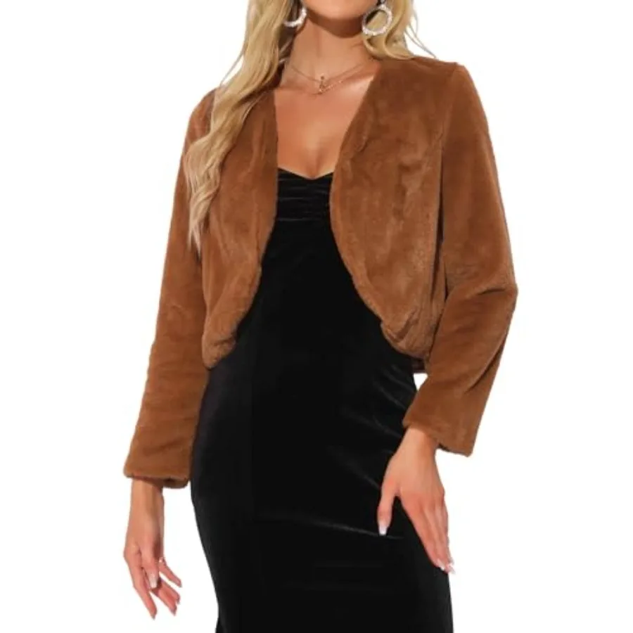 

Cropped Jacket for Women's Faux Fur with Pockets Long Sleeve Open Front Wedding Bolero Gowns Coat
