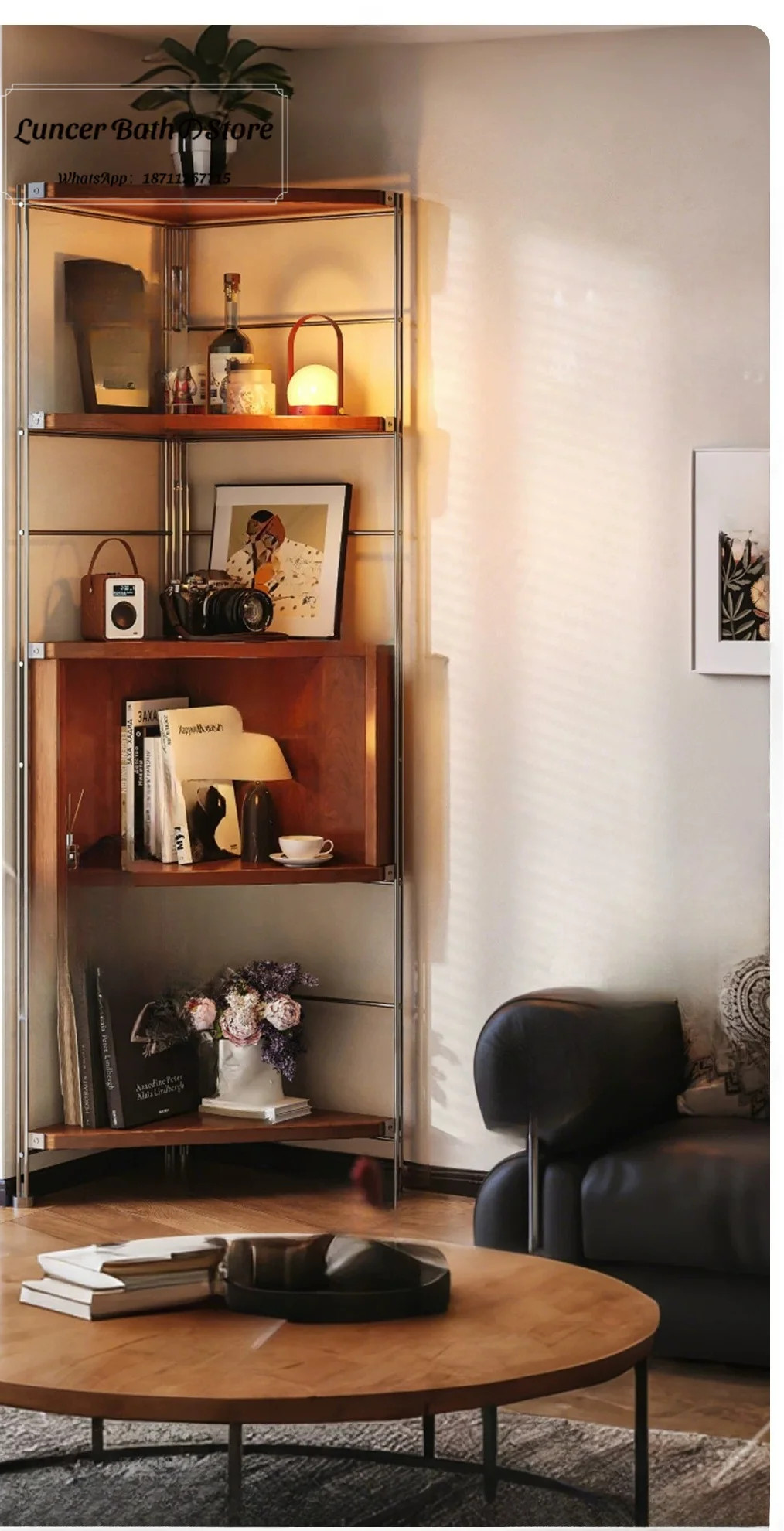 Vintage Triangle Corner Cabinet Multi-functional Wall Corner Storage Rack Bookshelf for Living Room Bedroom