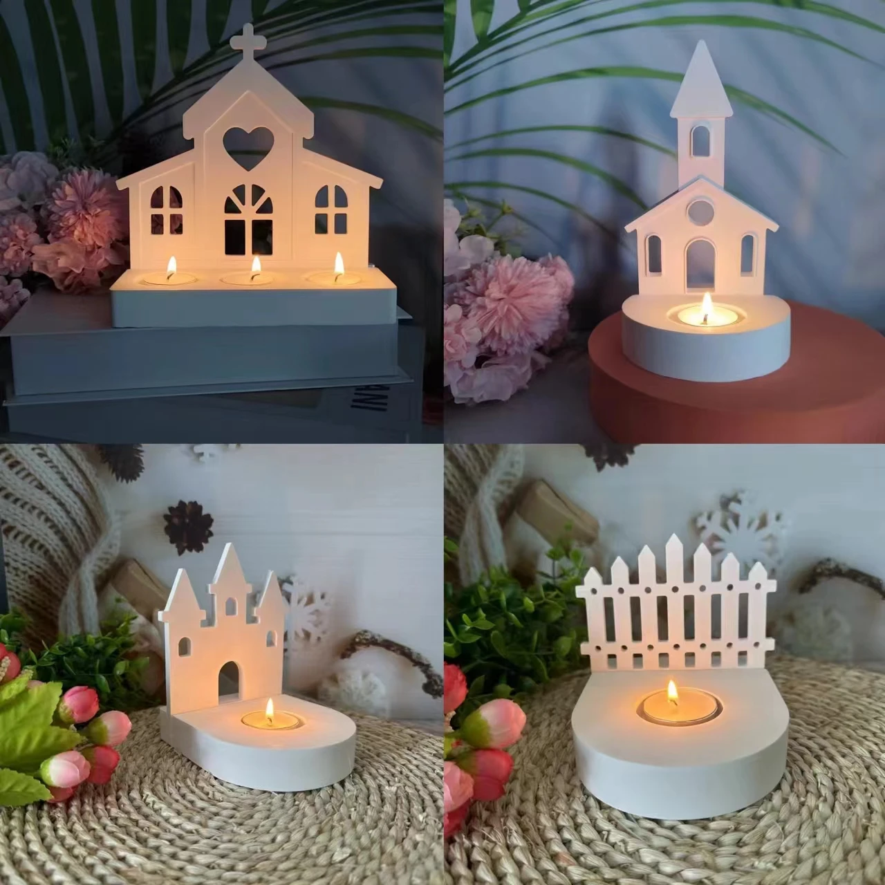 Castle Church Fence Ornaments Silicone Mold DIY Cement Gypsum Pouring Epoxy Resin Candle Holder Mold Home Decoration