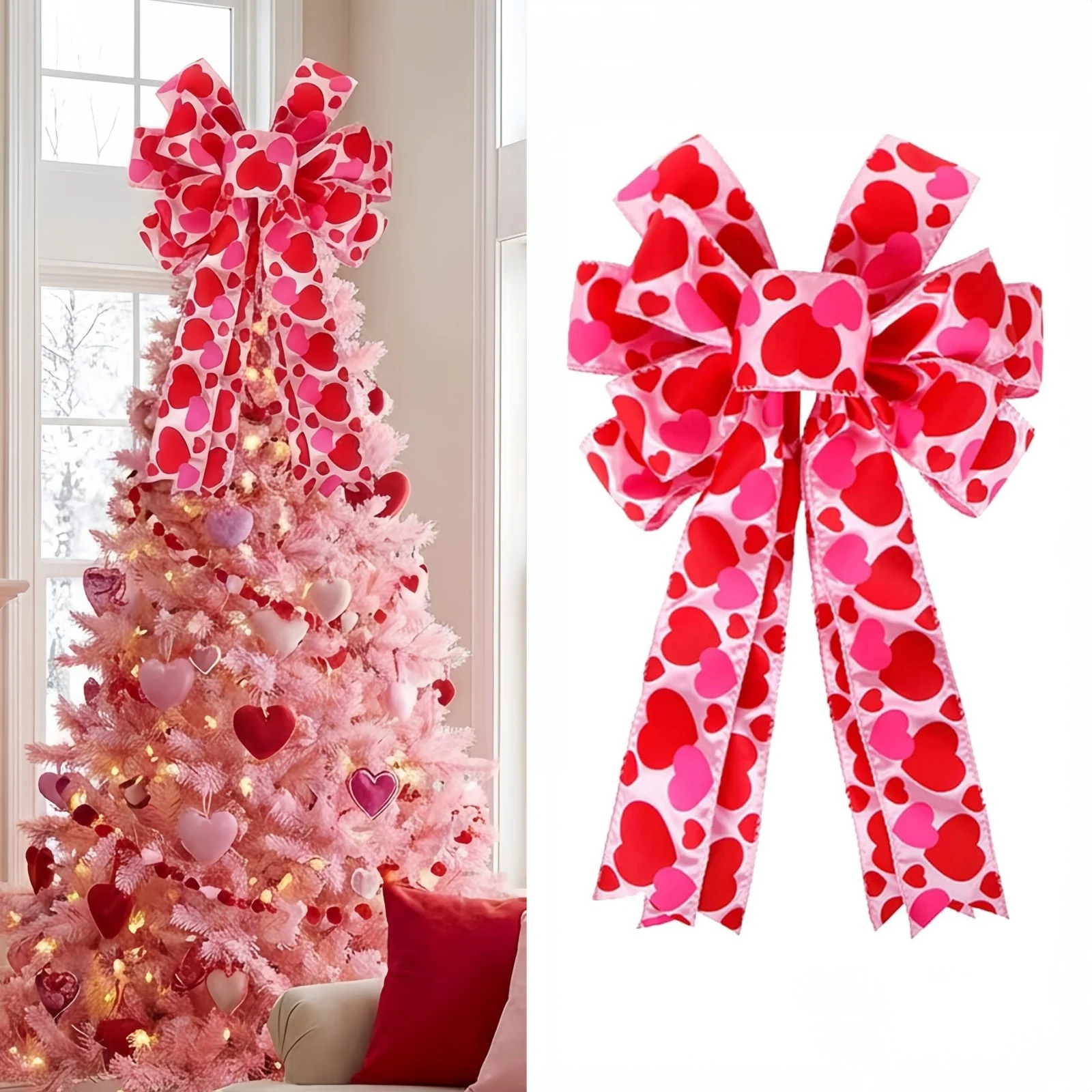 Valentinstagsbaum-Topper-Schleife mit Herz-Dekorationen, 30 x 19,6 cm, große rosa Valentinstag-Kranz-Schleifendekoration für die Hochzeit zum Valentinstag