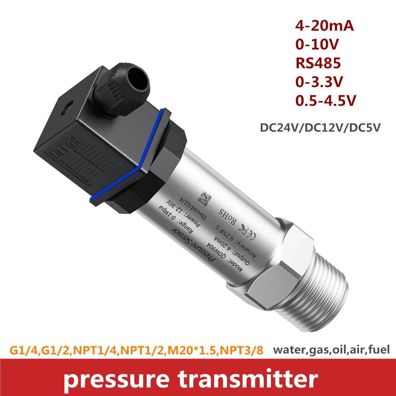 

M20*1.5 Pressure Transmitter 0-5V 4-20mA Pressure Transducer 0-10V Pressure Sensor for Oil Gas Water 30kpa 10bar 1bar