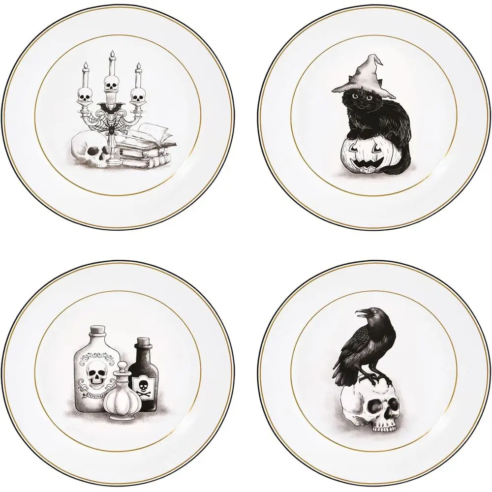 

Golden Vintage Halloween Black and White Ceramic 8.75 inch Salad Plates, Set of 4, Microwave Safe & Handwash Suggested, for Sala