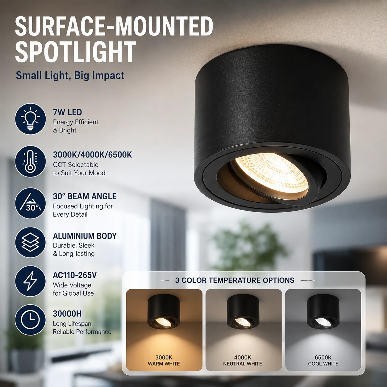 Round Surface Mounted LED Downlights 110V/220V 3 Colour Change Ceiling Lamps Spot Light for Bedroom Store LED DownLight