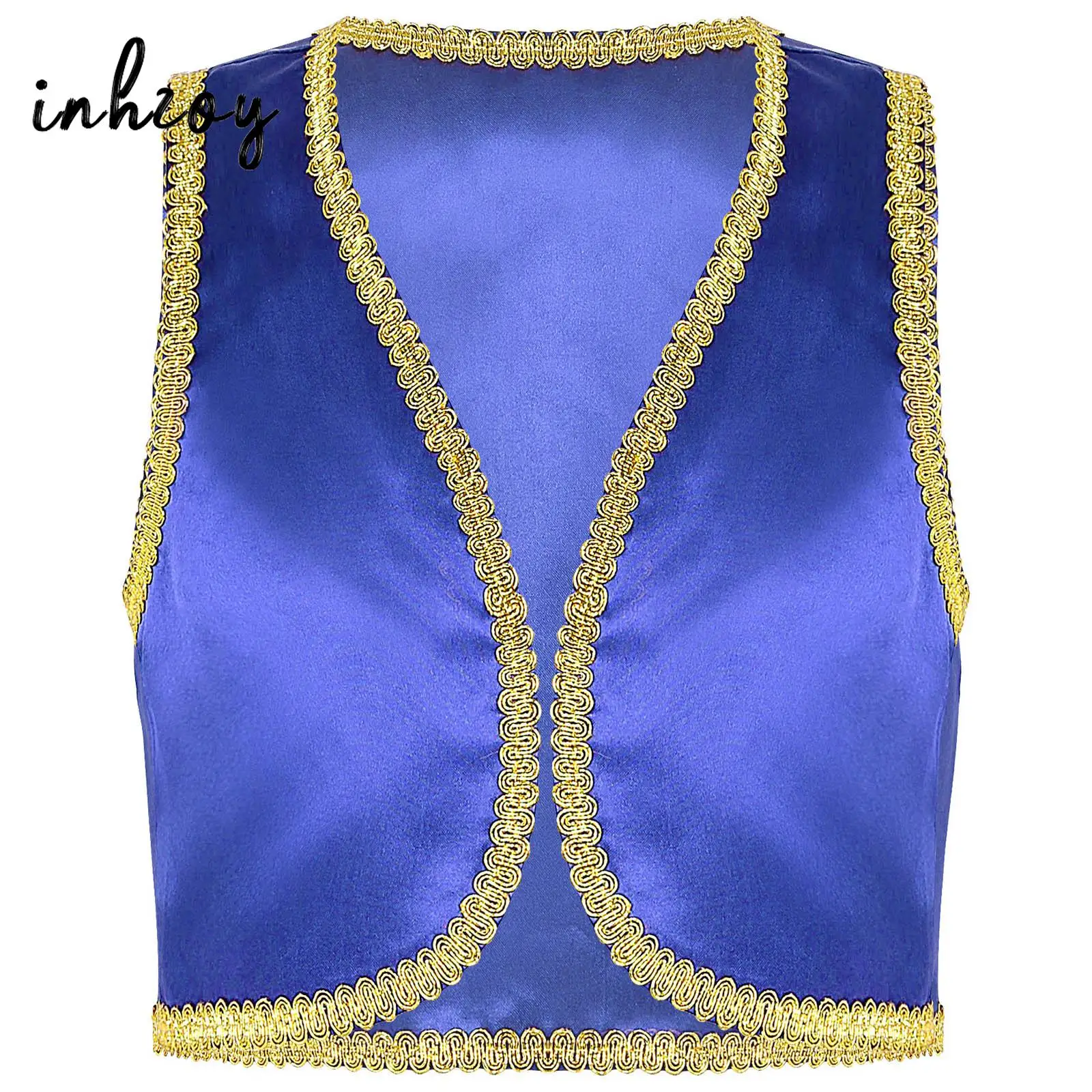 Boys Halloween Arabian Prince Costume Cosplay Fairytale Genies Vest Golden Braided Trimmings Waistcoat for Party Performance