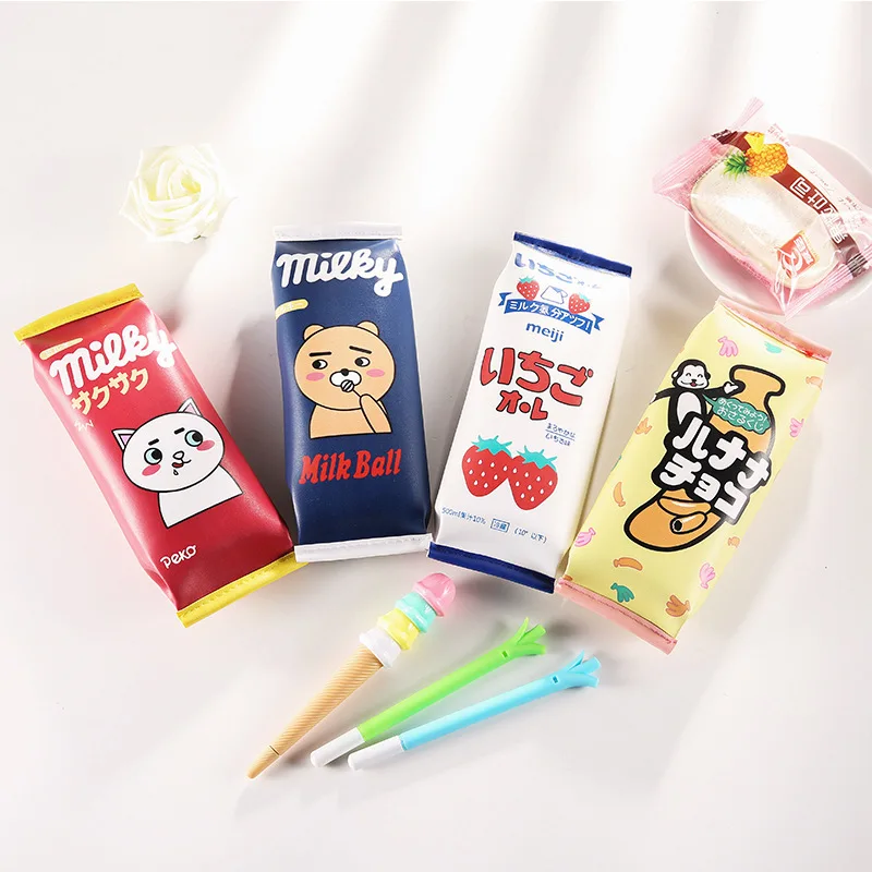 Korean Creative Cute Milk Pencil Case Fun Pen Bag Student Stationery Storage Zipper Bag