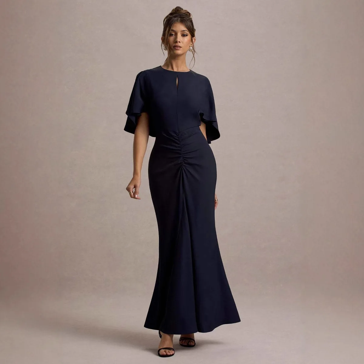 FIGOHR Abito a sirena con maniche a mantella con taglio sul petto stile Europa America da donna Abito a sirena skinny solido stile elegante femminile