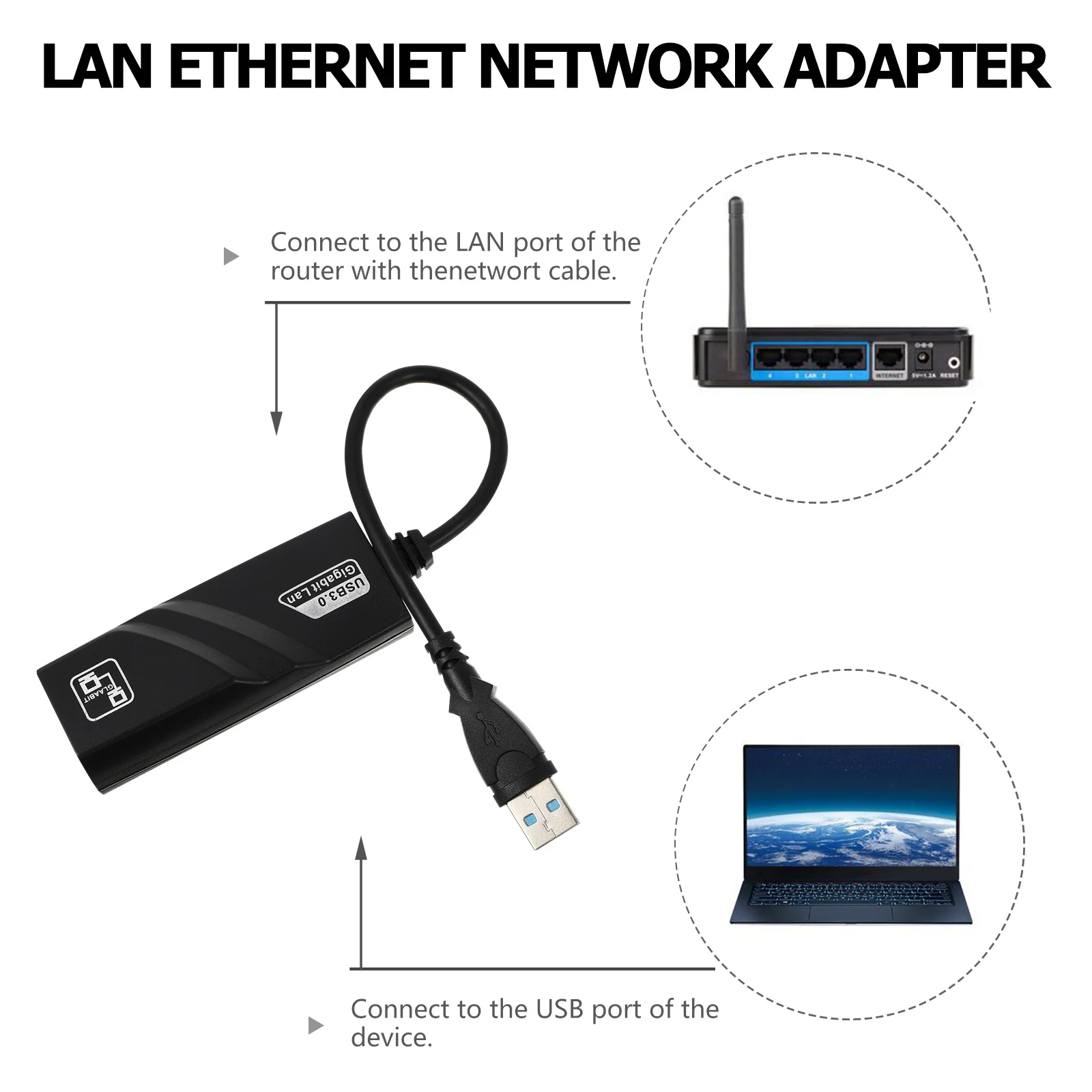 Ethernet-Adapter für 3- oder Stick-Plug-and-Play-Installation, keine Konfiguration erforderlich, USB-Anschluss mit festem Kabel, Schwarz