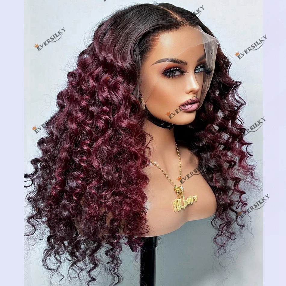 Bouncy Wand Curl Plum Burgundy Human Hair 13x6 Lace Front Wig Natural Human Hair 200 Density Lace Front Wig for Black Women