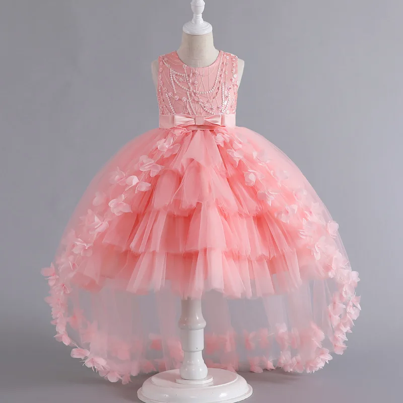 CHAIOU Girls' Evening Gown Dress with Train Sleeveless Princess Dress Tiered Skirt Dinner Dress Performance Costume