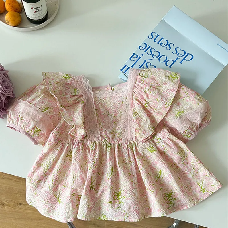 deer jonmi 2023 Summer Baby Girls Pink Princess Blouses Lace Ruffles Puff Sleeve Korean Style Toddlers Kids Sweet Shirts