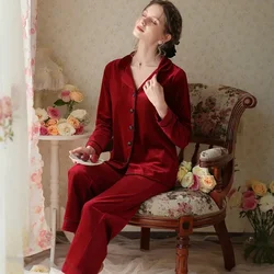 Women Velvet Two Piece Pajama Set Autumn Winter Long Sleeve Sleepshirts Trousers Nightwear Sleepwear Burgundy Red Velour Pyjamas