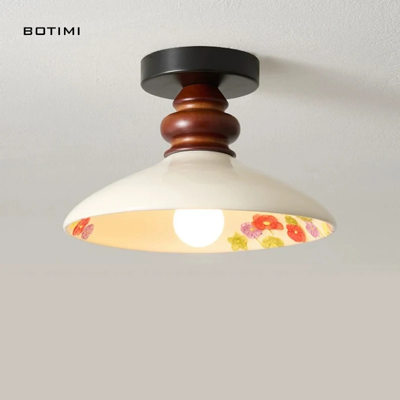

BOTIMI Nordic Ceramics Art DECO Flower Ceiling Light Decorative Surface Mounted Wooden Base Glass Corridor Lighting