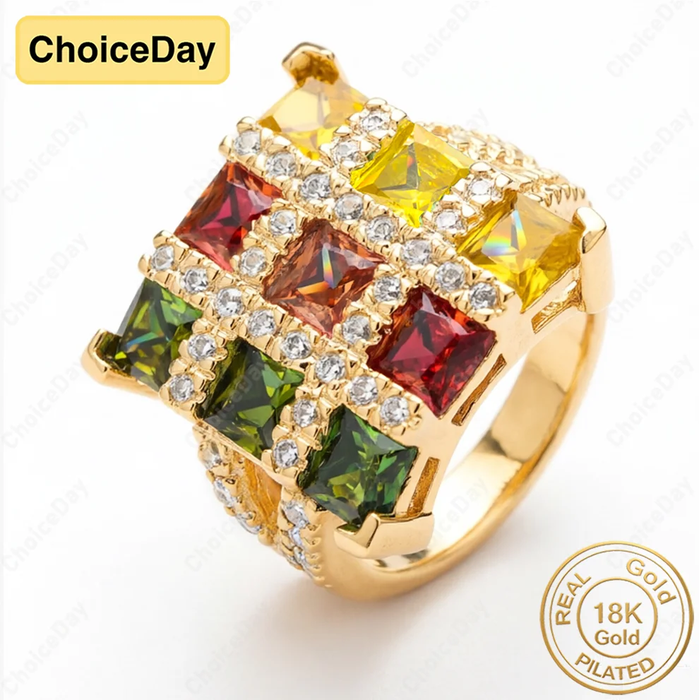 18K Gold Plated 8 Size Luxurious Nine Palace Colored Zirconia Ring Women's Fashion Gift Jewelry Wedding Party