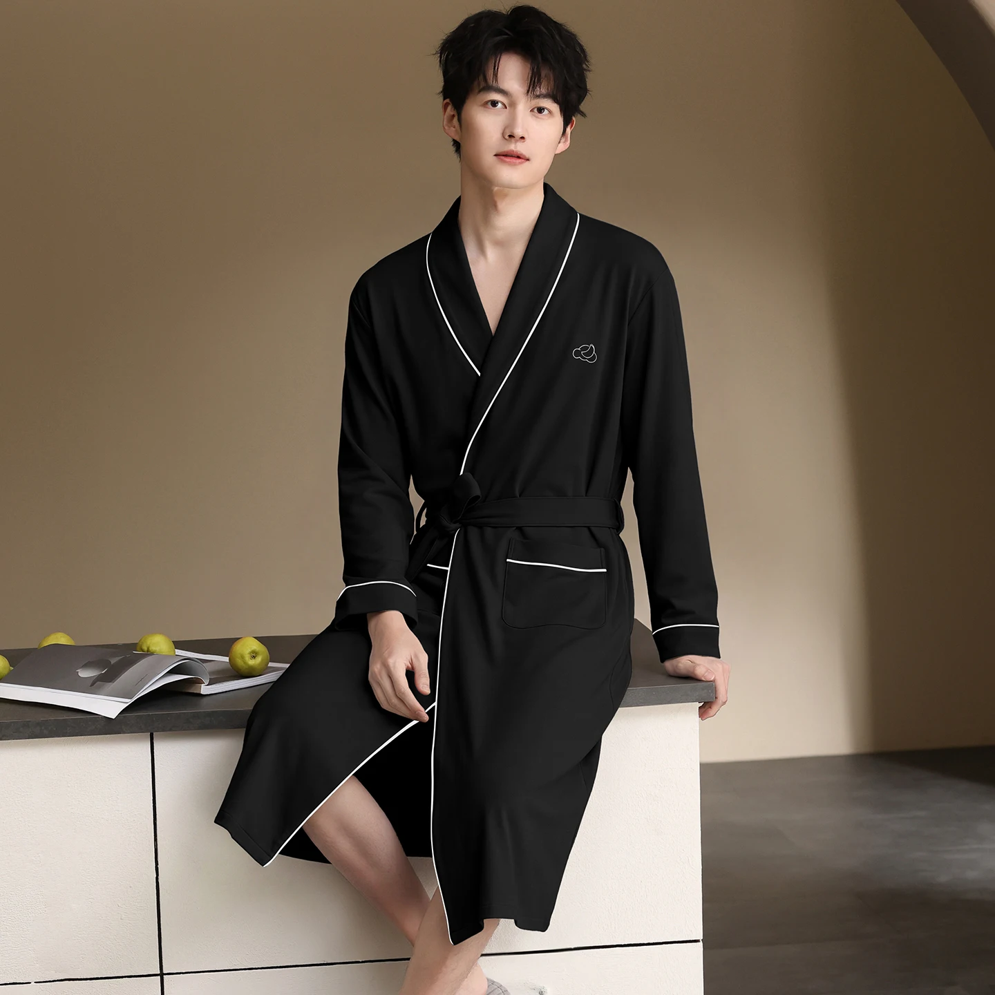 Spring Autumn 100%Cotton Solid Color Bath Robe New Fashion Casual Nightgown Long Bathrobes Men Sleepwear Long Sleeve Robes L-7XL