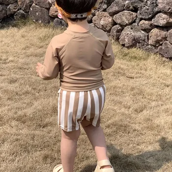 Color Block Baby Boys Swimsuit Set 4 Baby Boys Swimming Wear Spell Color Long Sleeve Swimsuit + Shorts 2pcs Suit Children Quick Drying Swimwear 4