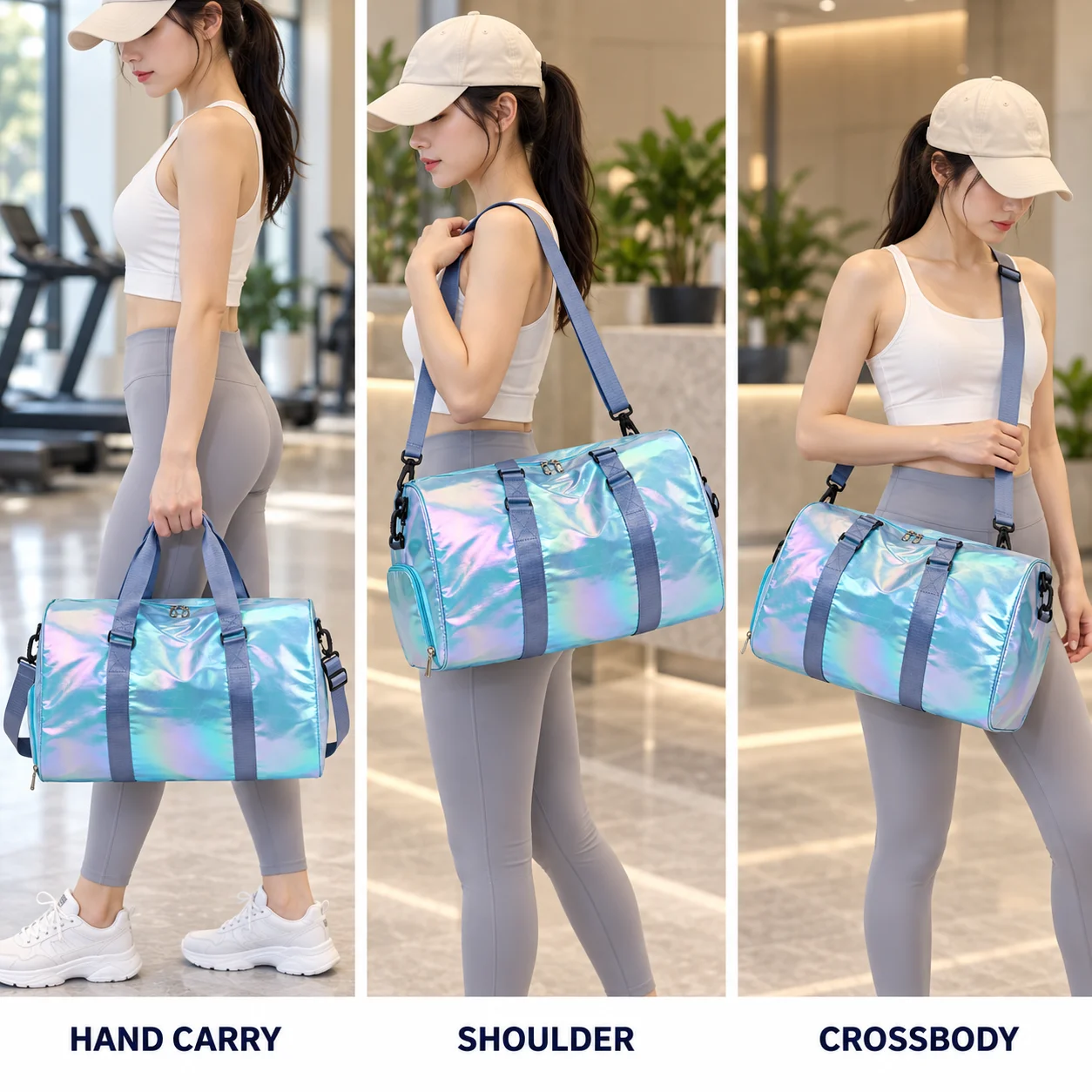 Holographic Gym Bag for Women with Shoe Compartment Wet Pocket, Large Travel Duffle Weekender Bag, Blue Shoulder Tote view 5