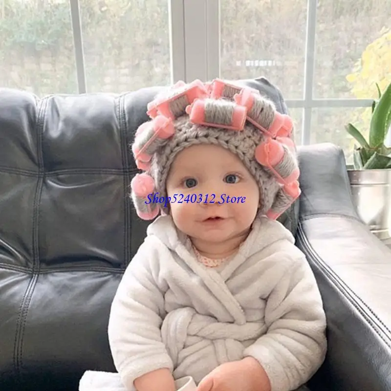 

634C Men Women Baby Hat Beanie Crochet Knit Cosplay Housewife Landlady Funny Hair Roller Cap Halloween Costume Photo Props