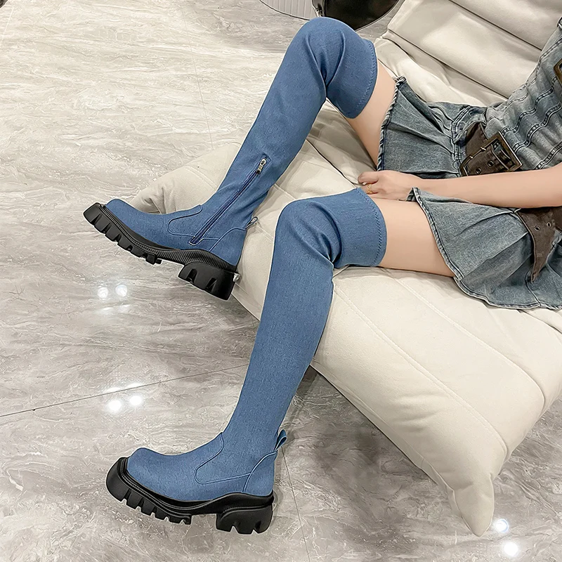 

New Sexy Chunky High Heels Knights Boots Side Zip Over-Knee-High Boots Women Square Toe Platform Shoes Women Botas de mujer