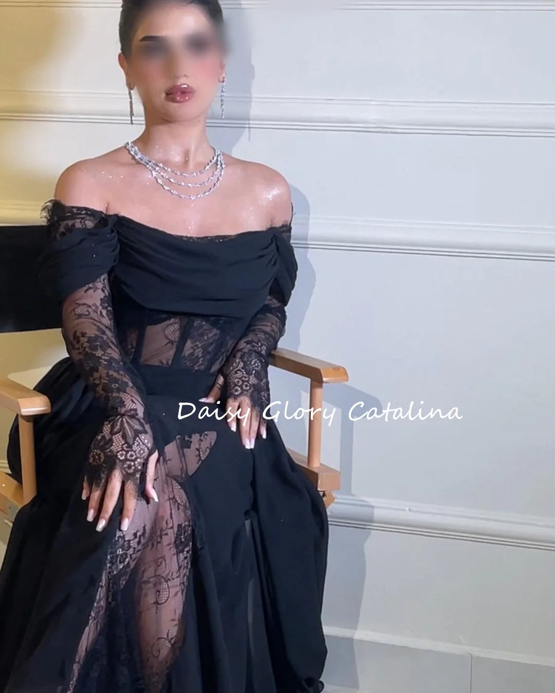 Elegant Black Evening Dresses Luxury Lace Prom Dresses 2024 Long Sleeves Off Shoulder Saudi Arabia Women Formal Party Gowns New