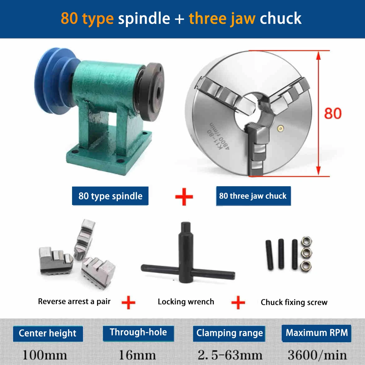 80/100 Lathe Spindle with Pneumatic Chuck Woodworking Metal Automatic Numerical Control Three-jaw Chuck Power