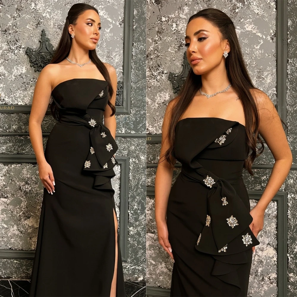 

Customized Elegant Jersey Strapless Evening Dress Classic Sweep Train Cocktail Dress Fashion Sleeveless Special Occasion Gowns