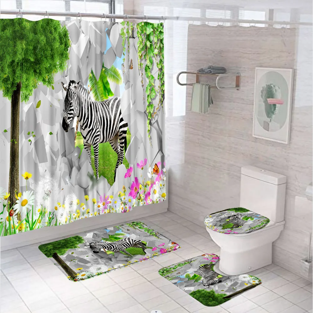 

Zebra Shower Curtain Set Black White Striped African Safari Animal Flower Tree Leaf Bathroom Decor Non-Slip Toilet Rug Bath Mat