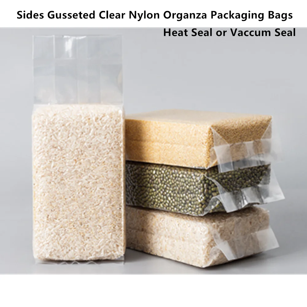 100 Uds. Bolsas de embalaje de plástico de Organza de nailon transparente con refuerzo lateral, bolsas de paquete de alimentos para dulces de regalo barato, suministros para fiestas a granel
