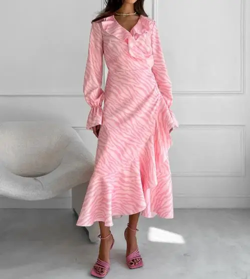 

Women's Dress Gentle Pink Temperament with Ruffled Edges V-Neck Flared Sleeves Fish Tail Dress Autumn Lace Up Long Dress