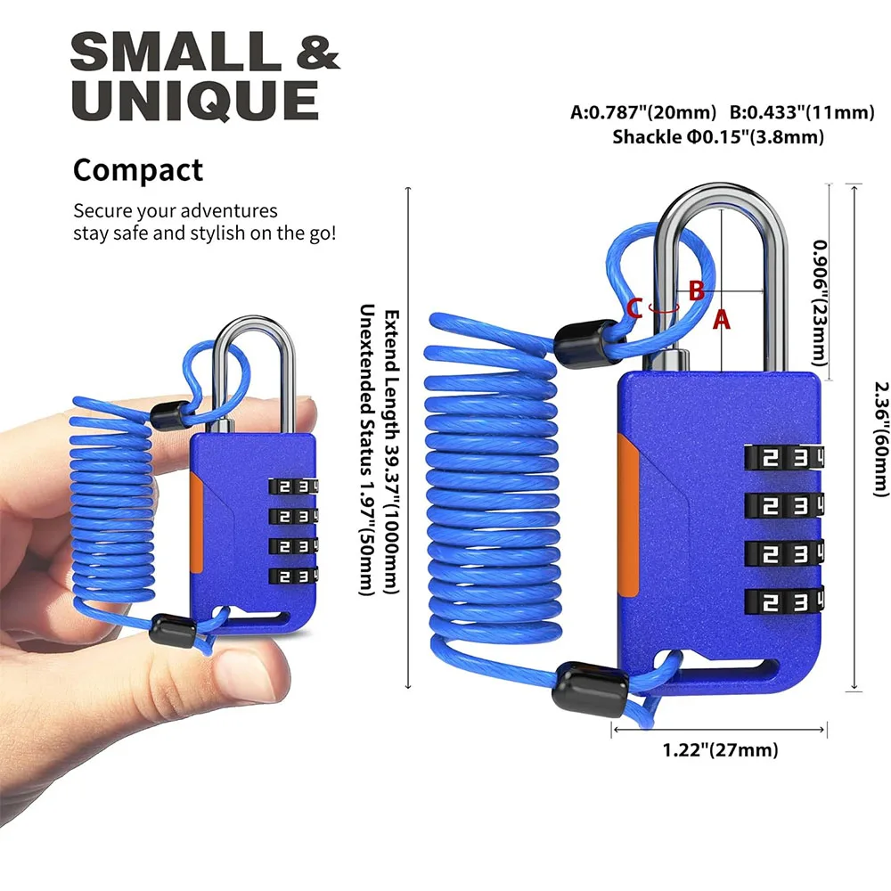 Cadenas à combinaison à 4 chiffres avec câble rétractable, antivol, mot de passe douanier, pour valise, armoire à bagages, serrure de sac à dos