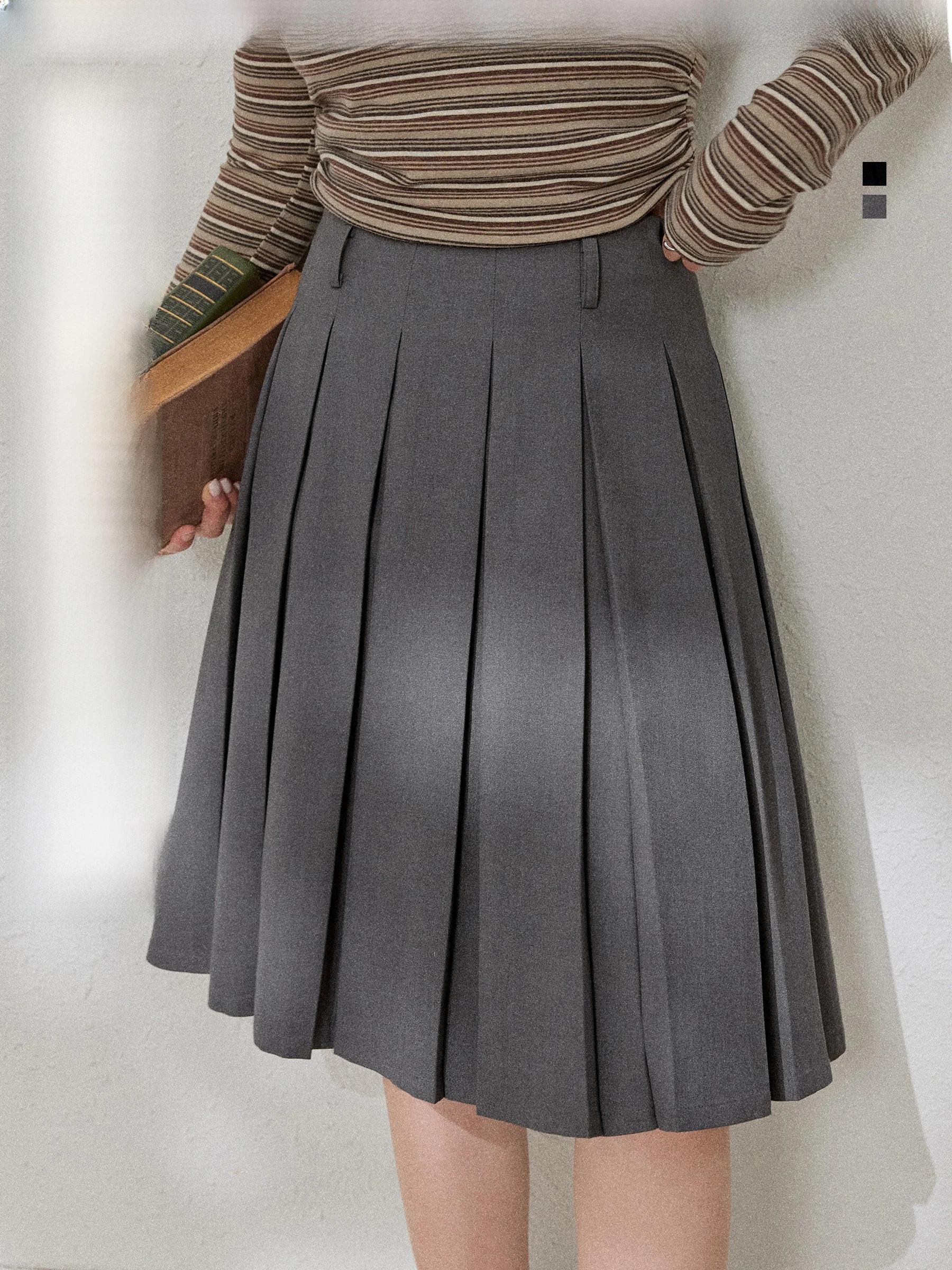 

JULULOOK Studio "Intense Waltz" plus Size Academy Sle Midi Skirt Slimming Pleated Skirt High Waist Polyester Long Sve