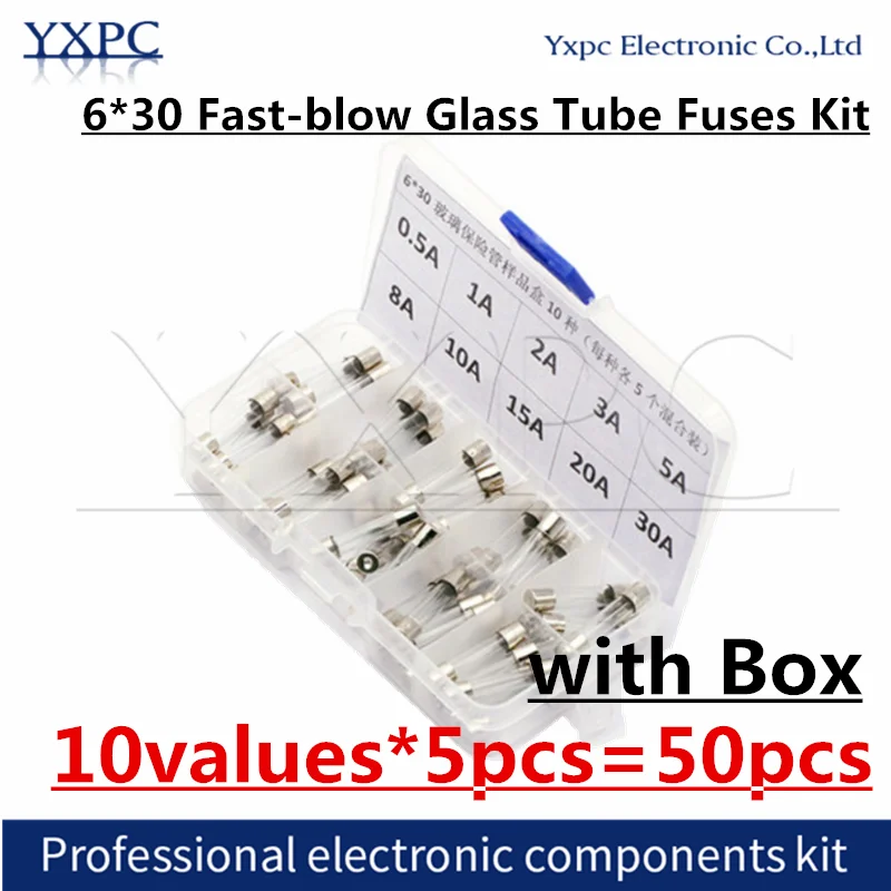 10values*5pcs=50pcs  6*30 0.2A-15A 250V Fast-blow Glass Tube Fuses Car Glass Tube Fuse Assorted Kit 6X30MM with box