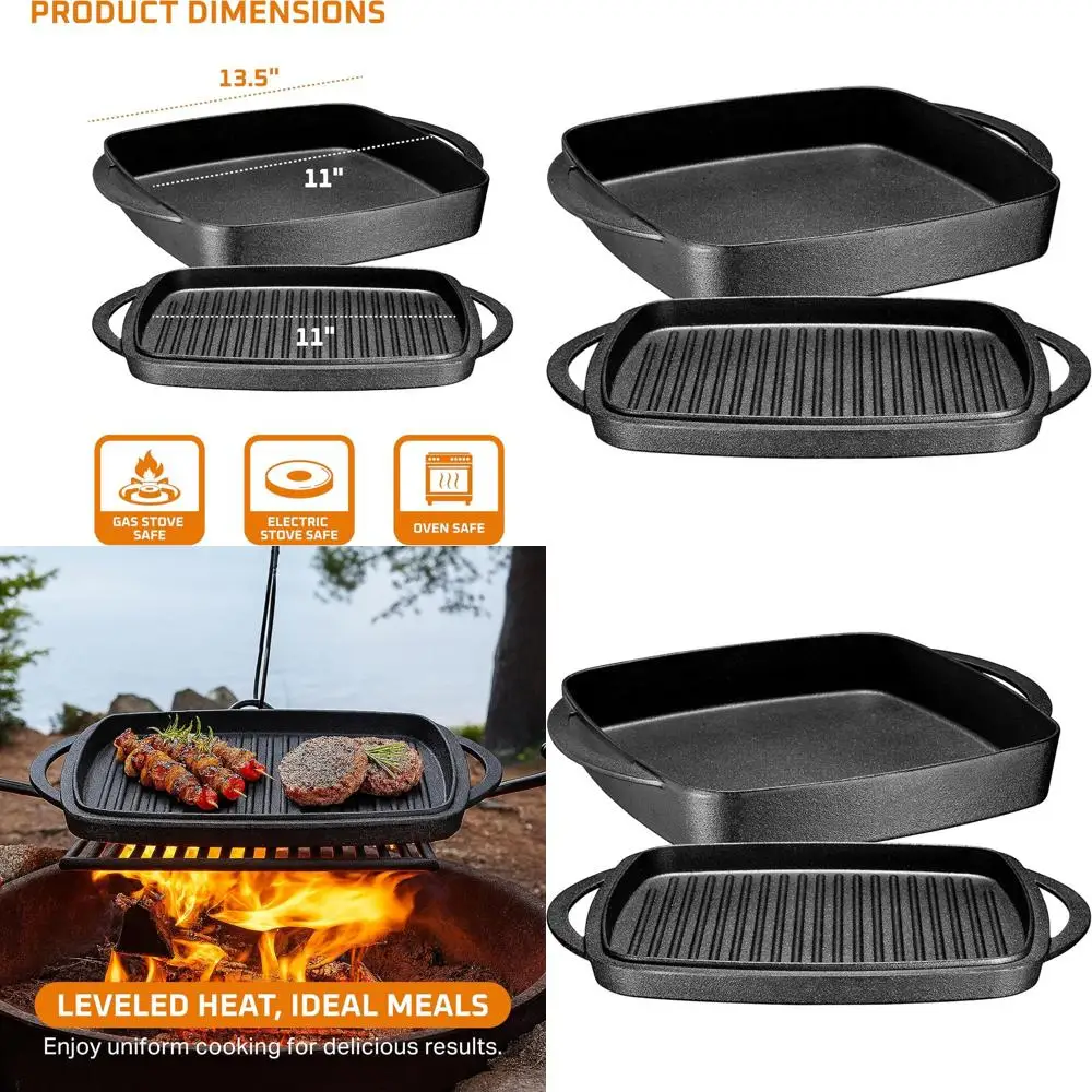 

11 Cast Iron Dutch Oven with Grill Lid & Handles - Pre-Seasoned Square Skillet for Braising, Grilling, Frying - Oven & Stovetop