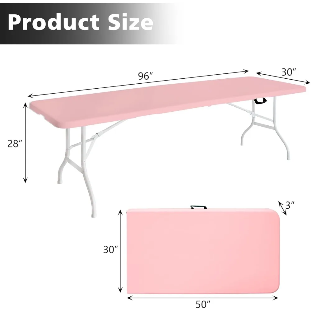 Heavy-Duty 8-Foot Foldable Plastic Utility Table for Multi-Purpose Use - Portable Folding Dining Table with Half Folding Design