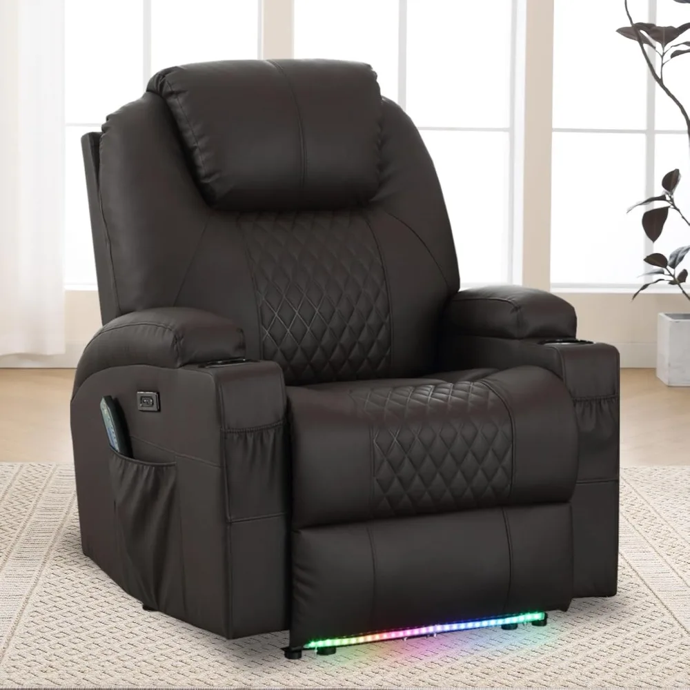 Power Recliner Chairs for Adults - Home Theater Seating with Heat and Massage - Leather Recliner with Cup Holder for Living Room