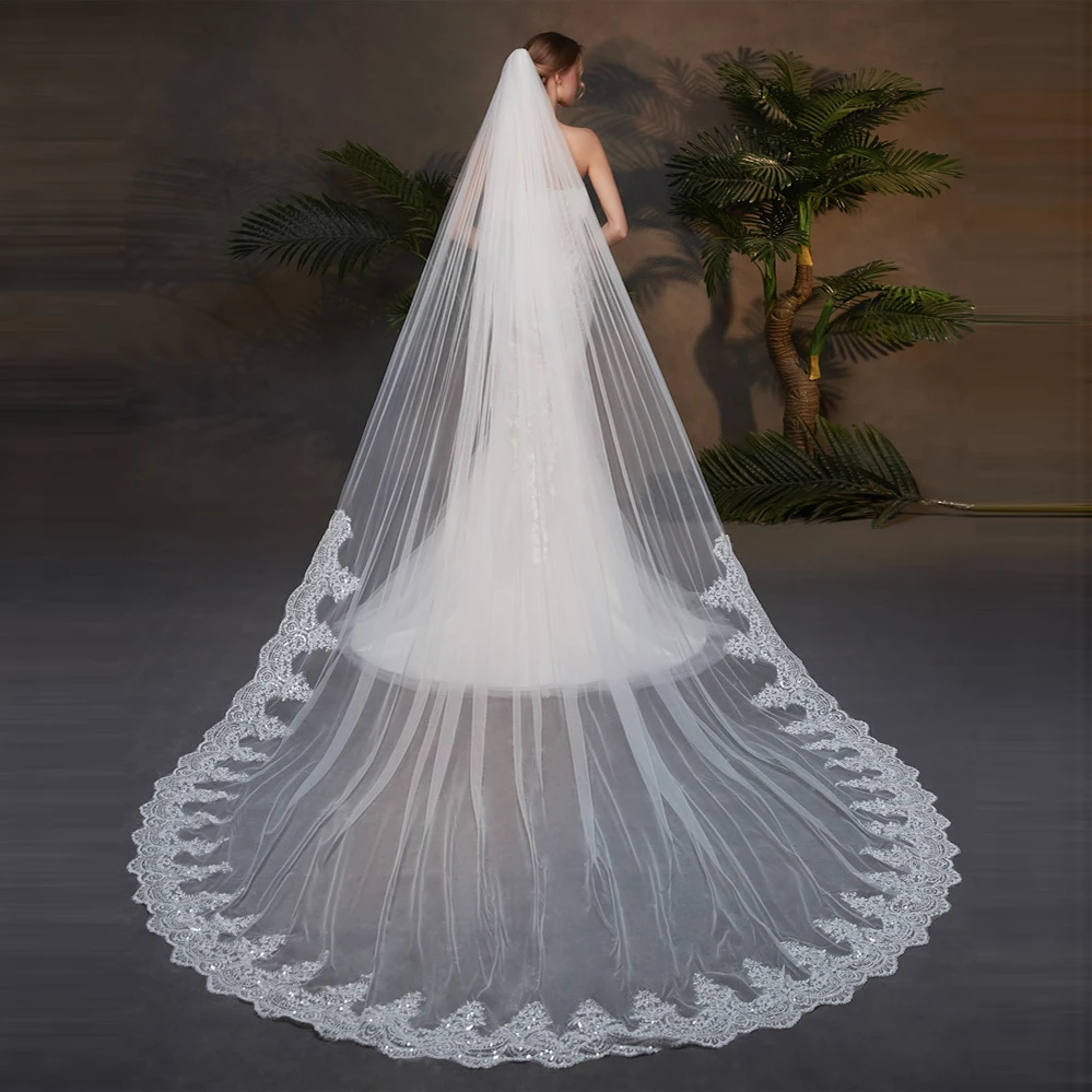 300cm long high-quality retro wedding veil two-layers Special cut royal bride veil with sequins lace veil wedding accessories