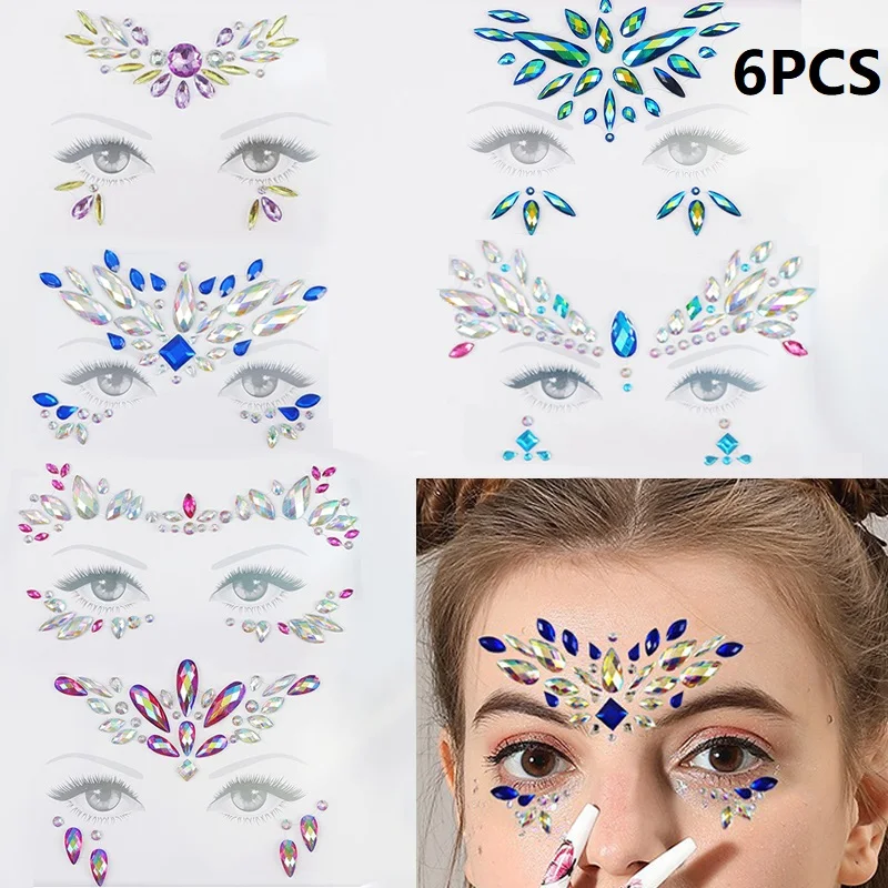 6PCS Rhinestones for Face Mermaid Festival Glitters Face Jewels Bright Face Stickers Sexy Makeup Crystals Diamond Stickers ZS307