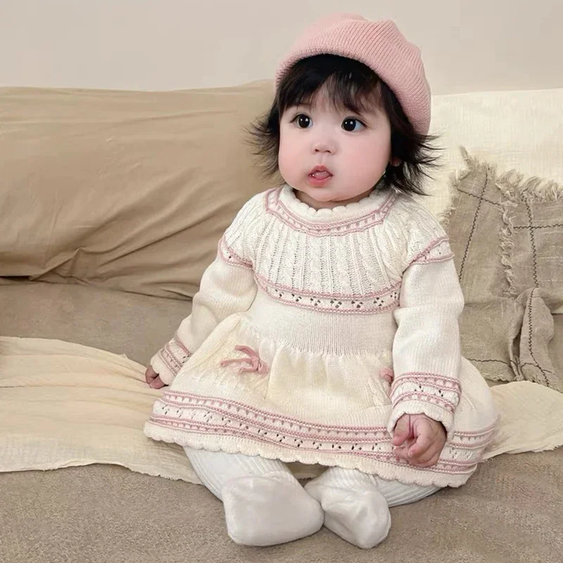 

Knit Baby Girl Clothes Cotton Autumn Baby Girls Knitted Dress Baby Fashion Christmas Bow Princess Red Girls Sweater Dress Warm