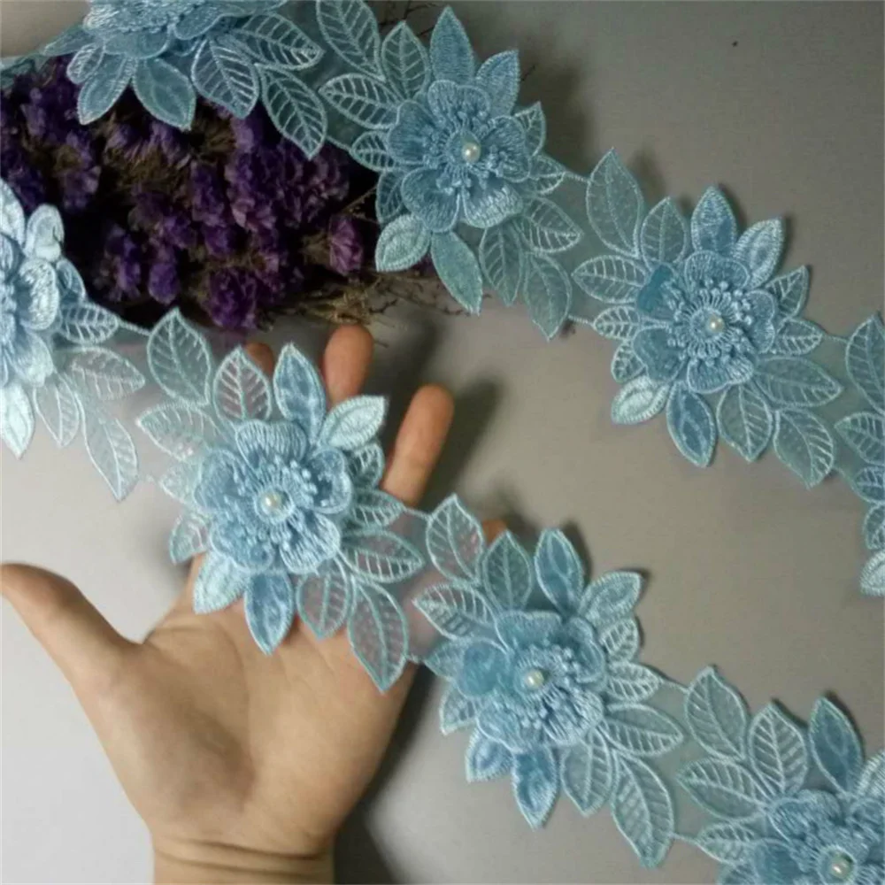 

2 yards Sky Blue Pearl Flower Leaf Handmade Beaded Embroidered Lace Trim Ribbon Applique Wedding Dress Sewing Craft DIY 9cm