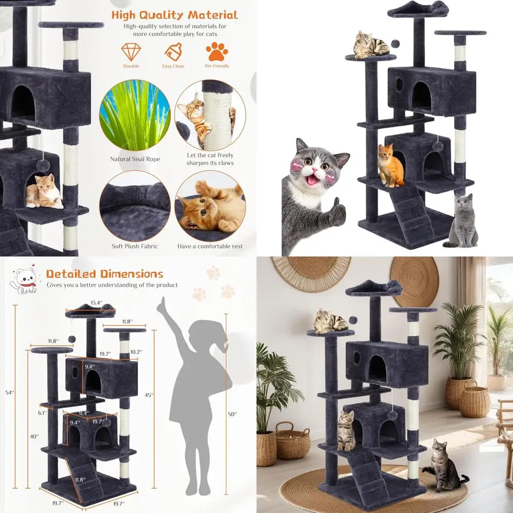 

54-Inch Multi-Level Cat Activity Tower with Sisal Posts, Play House, and Toys - Gray, Premium