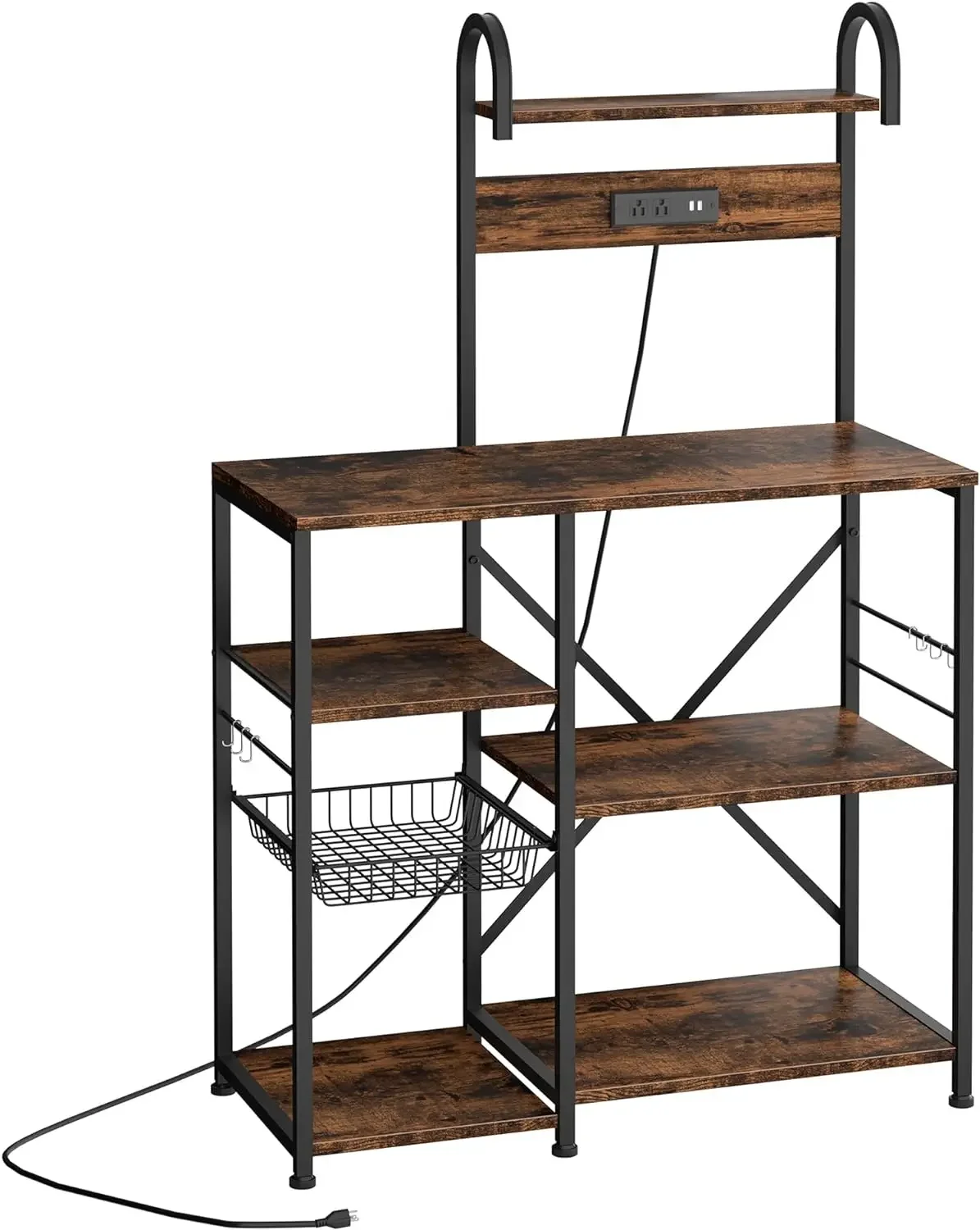 

Shintenchi Bakers Rack with Power Outlet & USB Ports, Wire Basket and 6 Hooks, Microwave Oven Stand, Kitchen ShelF