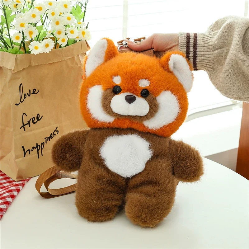 Bonito panda vermelho saco de pelúcia estudante saco escolar kawaii panda forma mochila boneca dos desenhos animados brinquedo animal aniversário presente natal decoração casa