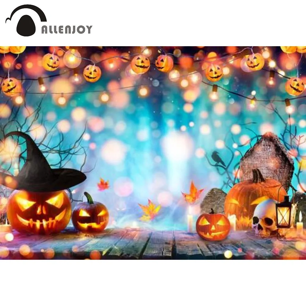 

Allenjoy Halloween Party Background Pumpkin Lanterns Bokeh Forests Night Baby Shower Floor Decoration Photozone Backdrop